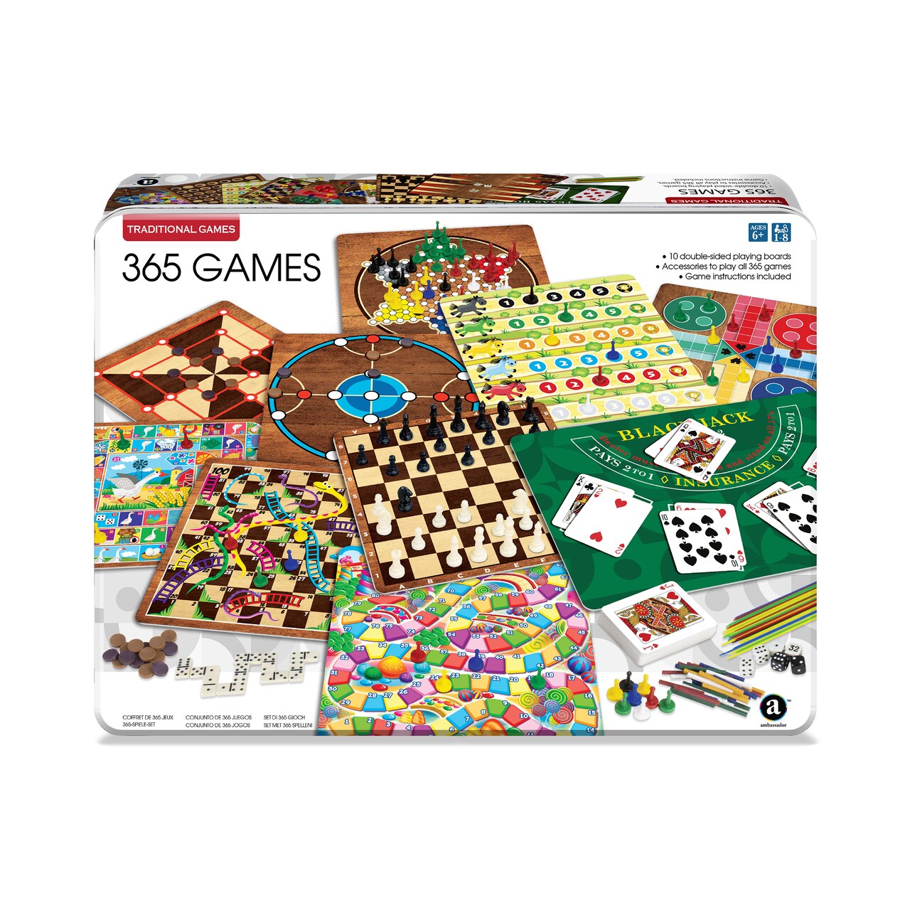 Ambassador Games: 365 Games - Traditional Strategy Board & Card Games, Tin Storage Container, Game for Each Day Of Year, Family, Ages 6+, 1-8 Players